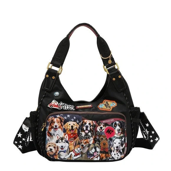 Nicole Lee Black Multicolor Dog Print Shoulder Bag